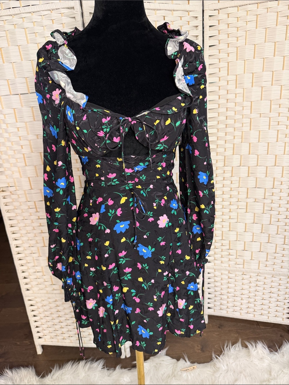 For Love & Lemons Black Floral Ruffle-Neck Long-Sleeve Dress